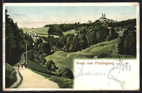 AK Pöstlingberg bei Linz, Panorama mit Kirche und Weg