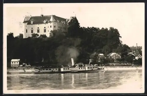 Foto-AK Grein a.d. Donau, Schloss mit Dampfschiff