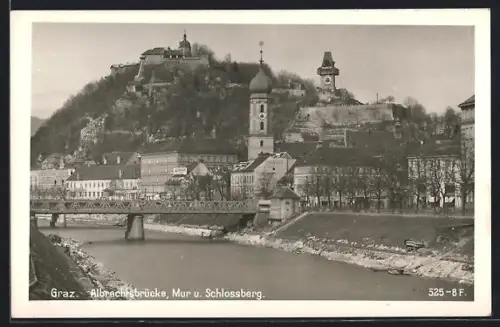 AK Graz, Albrechtsbrücke, Mur und Schlossberg