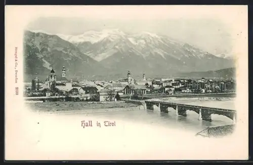 AK Hall in Tirol, Panorama mit Brücke und Kirchen
