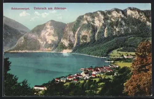 AK Unterach am Attersee, Panorama mit See