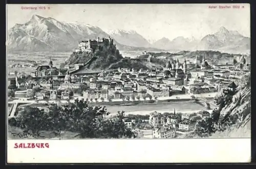 Künstler-AK Salzburg, Panorama mit Hohensalzburg, Salzach und Stadt