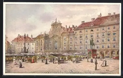 Künstler-AK Wien, Am Hof, Platz mit Marktständen, Reiterdenkmal