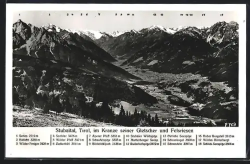 AK Stubaital /Tirol, Panorama mit Serles, Sonklar, Schrankogel, Schrandele und Schlick. Seespitze