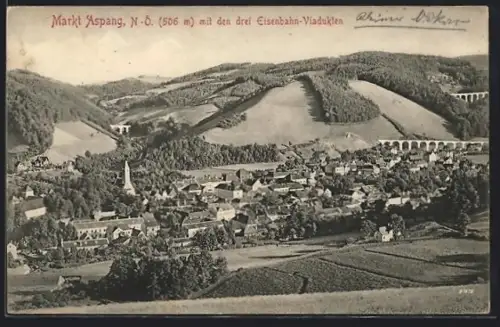 AK Aspang /N.-Ö., Ortsansicht mit drei Eisenbahnviadukten