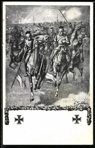 Künstler-AK Deutsche Kavallerie, Ulanen stürmen ins Gefecht, Eisernes Kreuz, Lanzenreiter
