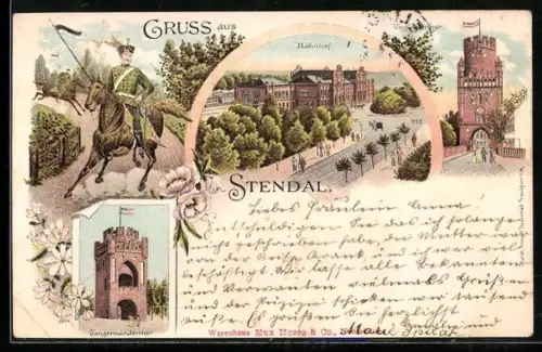 Lithographie Stendal, Tangermünderthor, Bahnhof, Ünglingerthor