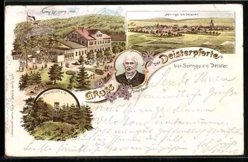 Lithographie Springe, Gasthaus Deisterpforte, Aussichtsturm, Ortsansicht