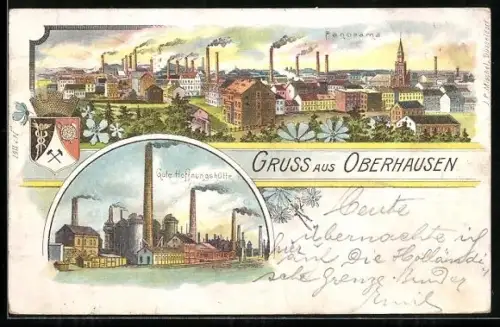 Lithographie Oberhausen / Rheinland, Gute Hoffnungshütte, Panoramablick auf die Stadt