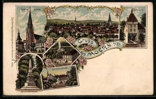 Lithographie Moers a. Rh., Steinthor Brücke, Evang. Kirche, Kaiser Denkmal