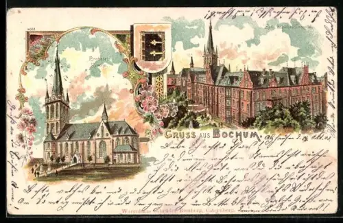 Lithographie Bochum, Probstei Kirche, Kath. Elisabethospital