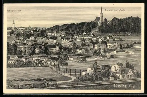 AK Tüssling /Obby., Ortsansicht mit Bahnhof, Burgkirchen v. Wald, Heiligenstadt