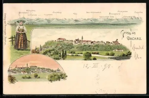 Lithographie Dachau, Gesamtansicht, Panorama mit Wendelstein, Schliersee und Tölz, Teilansicht