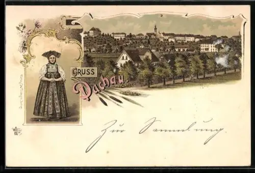 Lithographie Dachau, Teilansicht, Frau in Tracht