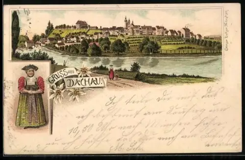 Lithographie Dachau, Ortsansicht mit Dame in Tracht