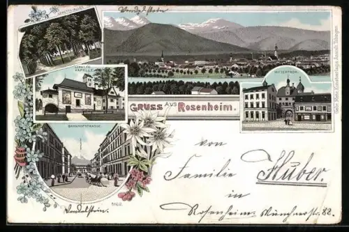 Lithographie Rosenheim, Bahnhofstrasse, Loretto-Kapelle, Ortsansicht