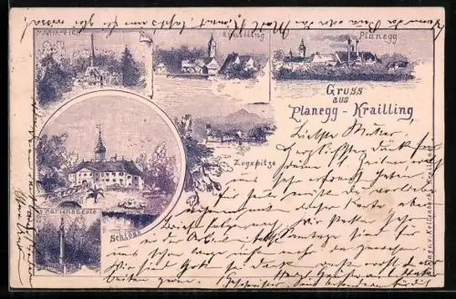 Lithographie Planegg-Krailling, Schloss, Mariensäule, Maria Eich