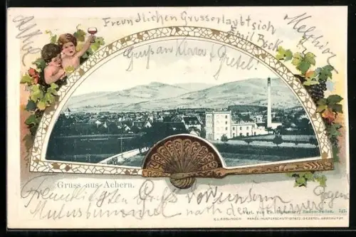 Passepartout-Lithographie Achern, Ortsansicht im Fächer-Passepartout