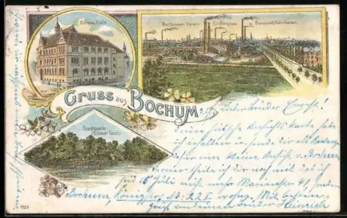 Lithographie Bochum, Bochumer Verein für Bergbau und Gussstahlfabrikation, Bergschule, Grosser Teich im Stadtpark