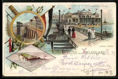 Lithographie Helgoland, Conversationshaus, Läster-Allee, Elektr. Aufzug, Reichsfahne