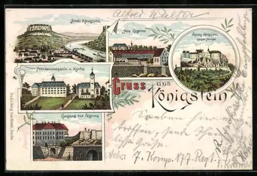 Lithographie Königstein / Elbe, Alte Kaserne, Festung, Proviantmagazin & Kirche