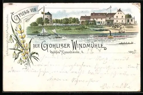 Lithographie Gohlis b. Cossebaude, Gasthaus Gohliser Windmühle, Raddampfer