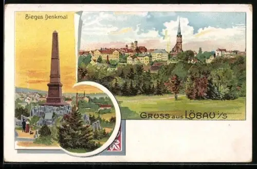 Lithographie Löbau i. Sa., Sieges-Denkmal, Teilansicht der Stadt