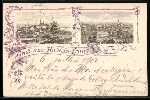 Lithographie Andechs-Erling, Ortsansicht mit Kirche, Blick in den Ort