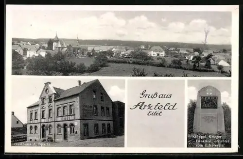 AK Arzfeld /Eifel, Gasthaus A. Spartz, Klöppel-Krieger-Denkmal