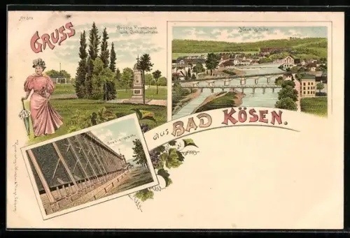 Lithographie Bad Kösen, Neue Brücke, Grosse Promenade und Inhalierhalle, Gradierwerk