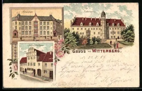 Lithographie Wittenberg / Elbe, Lutherhaus, Melanchthonhaus, Mittelschule
