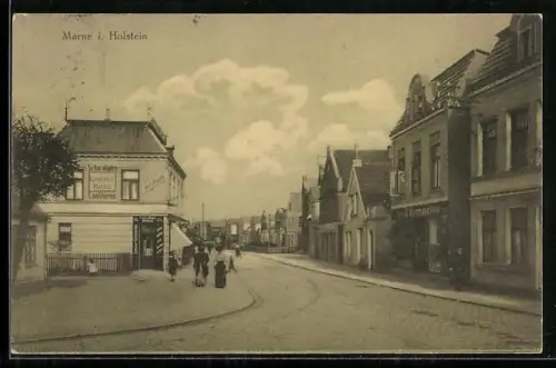 AK Marne / Holstein, Strassenpartie mit Geschäften