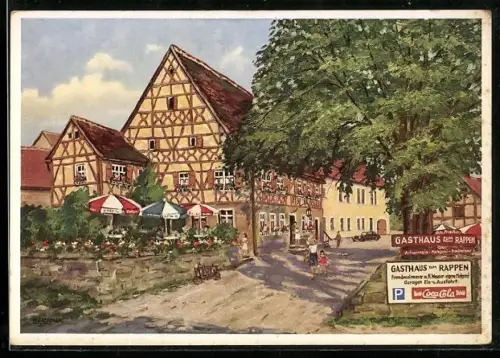 Künstler-AK Oberickelsheim, Gasthaus zum Rappen mit Terrasse