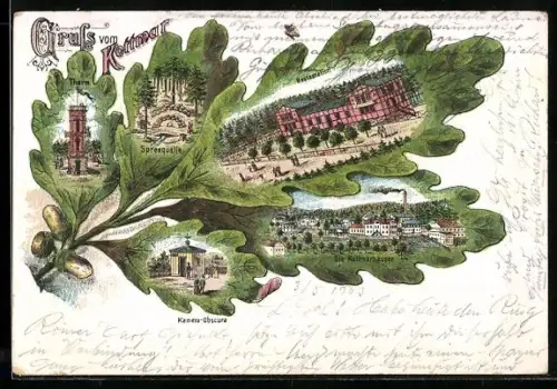 Lithographie Eibau, Thurm, Spreequelle, Restaurant, Kamera-Obscure, Eichenlaub