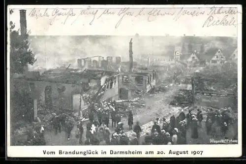 AK Darmsheim, vom Brand am 20.8.1907 zerstörte Häuser
