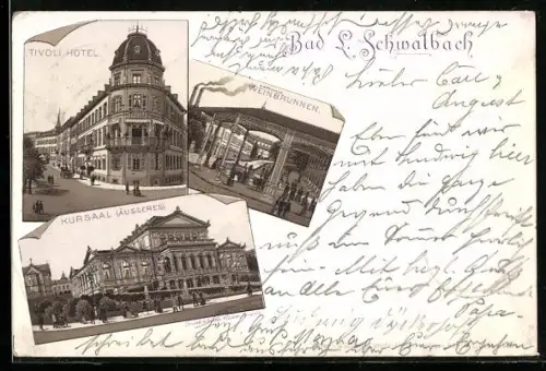 Lithographie Bad Langenschwalbach, Tivoli Hotel, Kursaal, Weinbrunnen