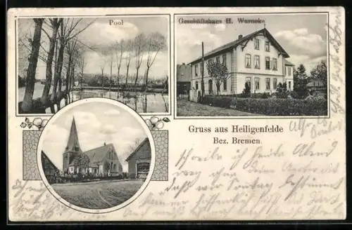 AK Heiligenfelde / Bremen, Geschäftshaus H. Warneke, Kirche und Geschäft, Pool