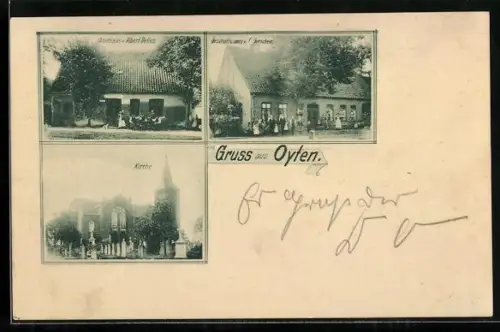 AK Oyten, Gasthaus von Albert Delius, Geschäft von F. Gieschen und Kirche