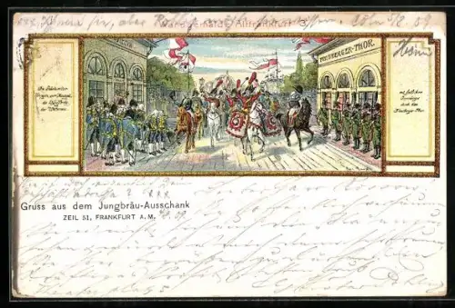 Lithographie Frankfurt a. M., Jungbräu Ausschank in Zeil 51, Reiter am Friedberger-Thor