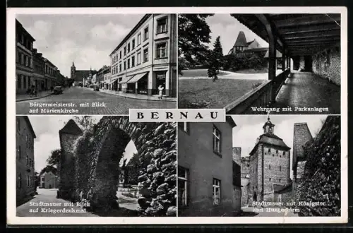 AK Bernau / Nordbahn, Partie in der Bürgermeisterstrasse mit Marienkirche, Wehrgang, Kriegerdenkmal und Hungerturm