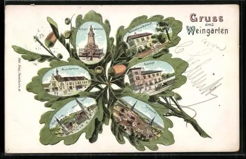 Passepartout-Lithographie Weingarten / Durlach, Krieger-Denkmal, Restaurant zum Bahnhof und Neues Rathaus im Eichenblatt
