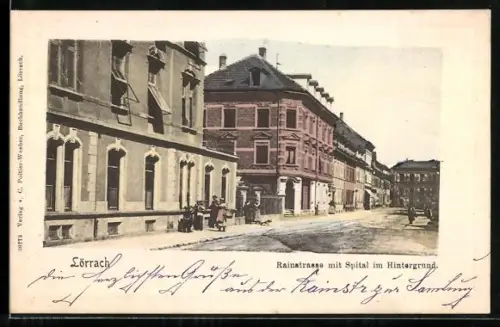 AK Lörrach, Rainstrasse mit Spital im Hintergrund