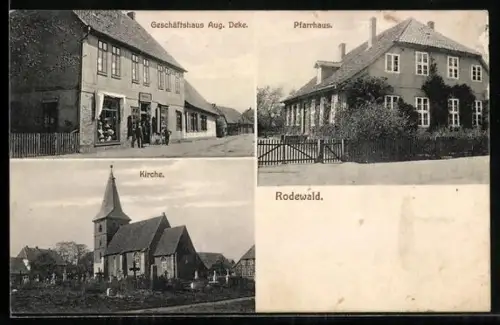 AK Rodewald, Kirche, Geschäftshaus Aug. Deke, Pfarrhaus