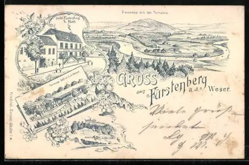 Lithographie Fürstenberg a. d. Weser, Panorama von der Terrasse, Hotel Fürstenberg, Inh. Kues