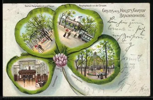 Passepartout-Lithographie Braunschweig, Holst`s Garten, Hauptgebäude und Concertgarten im Kleeblatt