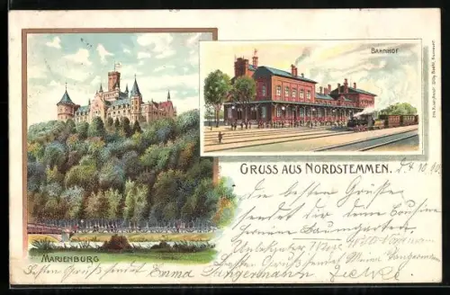 Lithographie Nordstemmen, Bahnhof, Marienburg