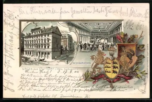 Passepartout-Lithographie Stuttgart, Hotel Dierlamm mit Dependance und Restauration, Wappen