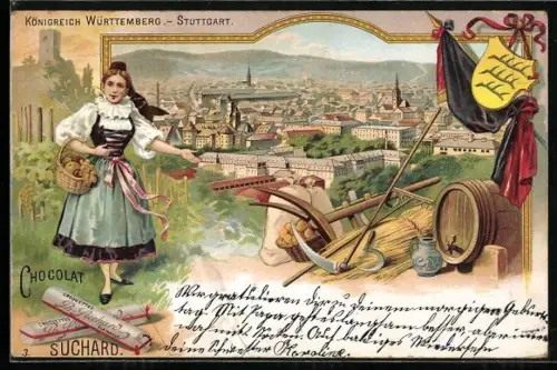 Lithographie Stuttgart, Blick auf den Ort, Reklame für Suchard Chocolat, Wappen, Ackerbaugeräte