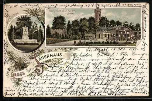 Lithographie Stuttgart, Jägerhaus, Aussichtsturm Hasenberg, Hauff Denkmal