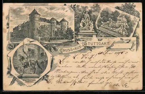 AK Stuttgart, Graf Eberhard-Denkmal, Altes Schloss und Raub d. Hylas